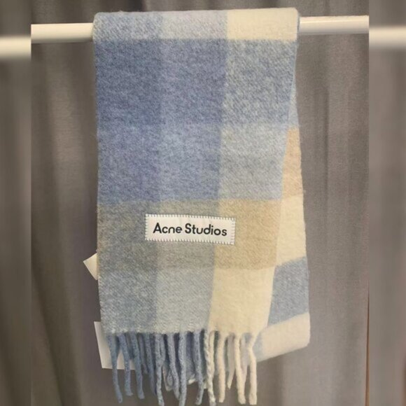 Acne Studios Blue & Beige Mohair Checked Scarf - Picture 1 of 7